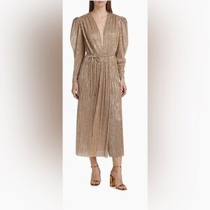 Sabina Musayev Scintilla Metallic Pleated Maxi Dress – Small Antique Gold